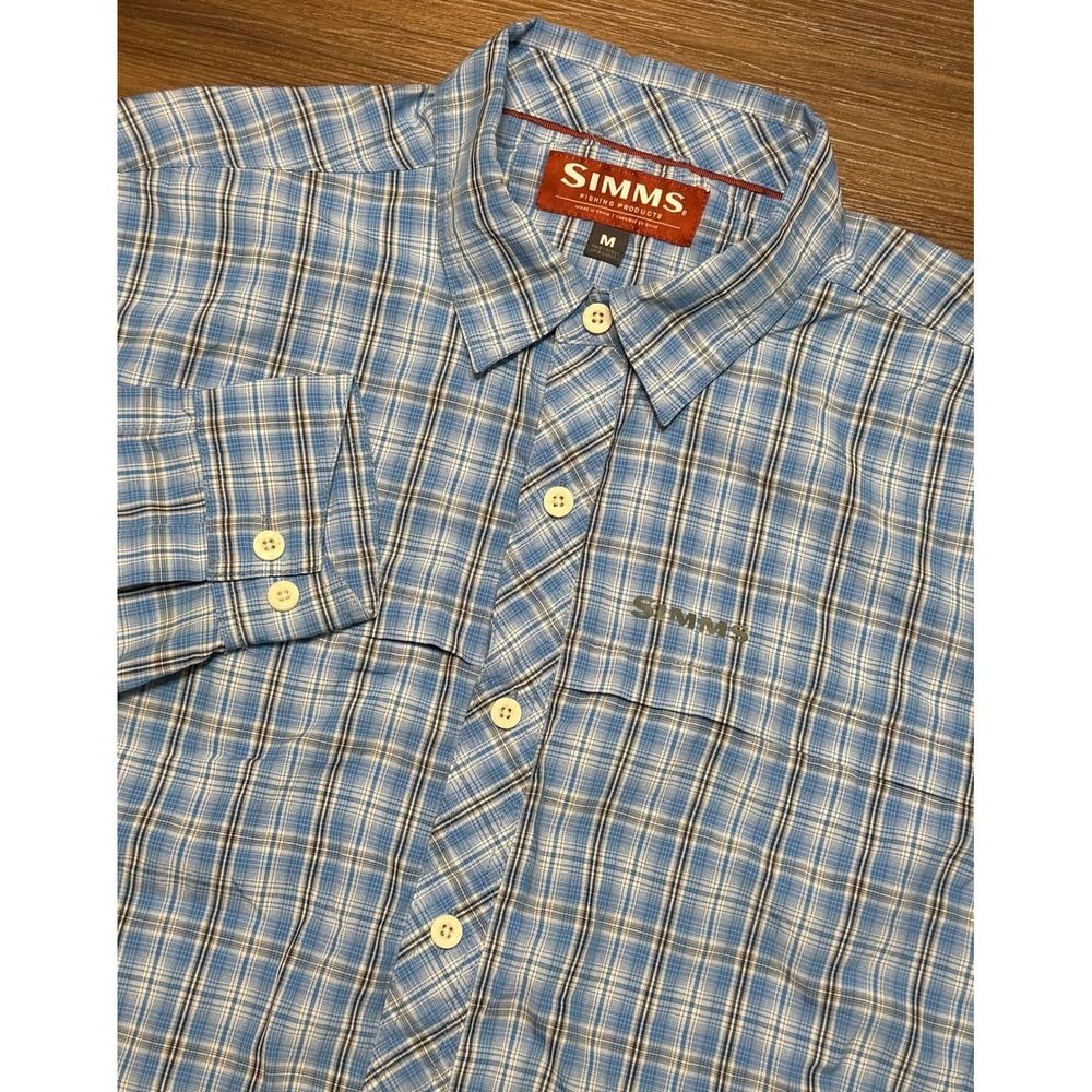 Simms Fishing Mens Blue Plaid Long Sleeve Vented Performance Fishing Shirt Sz M